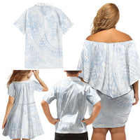 Hawaiian Turtles and Leis Family Matching Off Shoulder Short Dress and Hawaiian Shirt Tribal Kakau Pattern Airy White Blue Cloud Vibe LT03 Mom's Dress White - Polynesian Pride