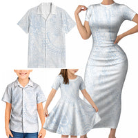 Hawaiian Turtles and Leis Family Matching Short Sleeve Bodycon Dress and Hawaiian Shirt Tribal Kakau Pattern Airy White Blue Cloud Vibe LT03 - Polynesian Pride