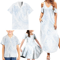 Hawaiian Turtles and Leis Family Matching Summer Maxi Dress and Hawaiian Shirt Tribal Kakau Pattern Airy White Blue Cloud Vibe