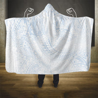 Hawaiian Turtles and Leis Hooded Blanket Tribal Kakau Pattern Airy White Blue Cloud Vibe