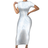Hawaiian Turtles and Leis Short Sleeve Bodycon Dress Tribal Kakau Pattern Airy White Blue Cloud Vibe