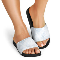 Hawaiian Turtles and Leis Slide Sandals Tribal Kakau Pattern Airy White Blue Cloud Vibe
