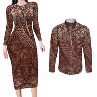 Hawaiian Turtles and Leis Couples Matching Long Sleeve Bodycon Dress and Long Sleeve Button Shirt Tribal Kakau Pattern Mocha Mousse Color