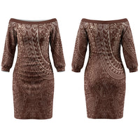 Hawaiian Turtles and Leis Couples Matching Off The Shoulder Long Sleeve Dress and Hawaiian Shirt Tribal Kakau Pattern Mocha Mousse Color LT03 - Polynesian Pride