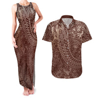 Hawaiian Turtles and Leis Couples Matching Tank Maxi Dress and Hawaiian Shirt Tribal Kakau Pattern Mocha Mousse Color