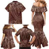 Hawaiian Turtles and Leis Family Matching Mermaid Dress and Hawaiian Shirt Tribal Kakau Pattern Mocha Mousse Color
