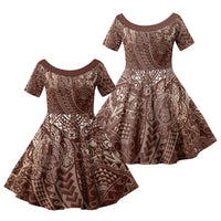 Hawaiian Turtles and Leis Family Matching Mermaid Dress and Hawaiian Shirt Tribal Kakau Pattern Mocha Mousse Color LT03 Daughter's Dress Mocha Mousse - Polynesian Pride