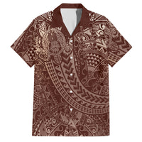 Hawaiian Turtles and Leis Family Matching Off Shoulder Short Dress and Hawaiian Shirt Tribal Kakau Pattern Mocha Mousse Color