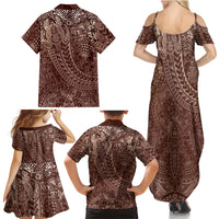 Hawaiian Turtles and Leis Family Matching Summer Maxi Dress and Hawaiian Shirt Tribal Kakau Pattern Mocha Mousse Color