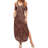 Hawaiian Turtles and Leis Family Matching Summer Maxi Dress and Hawaiian Shirt Tribal Kakau Pattern Mocha Mousse Color