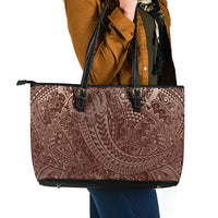 Hawaiian Turtles and Leis Leather Tote Bag Tribal Kakau Pattern Mocha Mousse Color