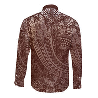 Hawaiian Turtles and Leis Long Sleeve Button Shirt Tribal Kakau Pattern Mocha Mousse Color