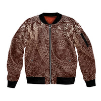 Hawaiian Turtles and Leis Sleeve Zip Bomber Jacket Tribal Kakau Pattern Mocha Mousse Color
