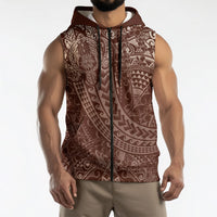 Hawaiian Turtles and Leis Sleeveless Zip Hoodie Tribal Kakau Pattern Mocha Mousse Color