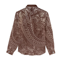 Hawaiian Turtles and Leis Women Casual Shirt Tribal Kakau Pattern Mocha Mousse Color