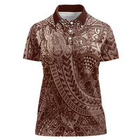 Hawaiian Turtles and Leis Women Polo Shirt Tribal Kakau Pattern Mocha Mousse Color