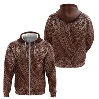 Hawaiian Turtles and Leis Zip Hoodie Tribal Kakau Pattern Mocha Mousse Color