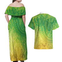 Hawaiian Turtles and Leis Couples Matching Off Shoulder Maxi Dress and Hawaiian Shirt Tribal Kakau Pattern Fresh Summer Vibe