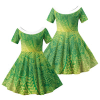 Hawaiian Turtles and Leis Family Matching Off Shoulder Short Dress and Hawaiian Shirt Tribal Kakau Pattern Fresh Summer Vibe LT03 Daughter's Dress Green - Polynesian Pride