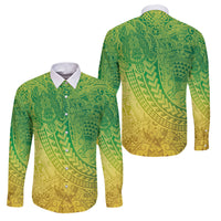 Hawaiian Turtles and Leis Family Matching Tank Maxi Dress and Hawaiian Shirt Tribal Kakau Pattern Fresh Summer Vibe LT03 Dad's Shirt - Long Sleeve Green - Polynesian Pride