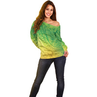 Hawaiian Turtles and Leis Off Shoulder Sweater Tribal Kakau Pattern Fresh Summer Vibe