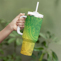 Hawaiian Turtles and Leis Tumbler With Handle Tribal Kakau Pattern Fresh Summer Vibe