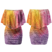 Hawaiian Turtles and Leis Couples Matching Off Shoulder Short Dress and Hawaiian Shirt Tribal Kakau Pattern Magical Rainbow Sky LT03 - Polynesian Pride