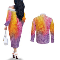 Hawaiian Turtles and Leis Couples Matching Off The Shoulder Long Sleeve Dress and Long Sleeve Button Shirt Tribal Kakau Pattern Magical Rainbow Sky