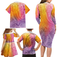 Hawaiian Turtles and Leis Family Matching Long Sleeve Bodycon Dress and Hawaiian Shirt Tribal Kakau Pattern Magical Rainbow Sky LT03 Mom's Dress Multicolor - Polynesian Pride