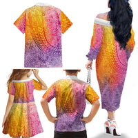 Hawaiian Turtles and Leis Family Matching Off The Shoulder Long Sleeve Dress and Hawaiian Shirt Tribal Kakau Pattern Magical Rainbow Sky LT03 Mom's Dress Multicolor - Polynesian Pride