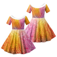Hawaiian Turtles and Leis Family Matching Off Shoulder Maxi Dress and Hawaiian Shirt Tribal Kakau Pattern Magical Rainbow Sky LT03 Daughter's Dress Multicolor - Polynesian Pride