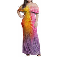 Hawaiian Turtles and Leis Family Matching Off Shoulder Maxi Dress and Hawaiian Shirt Tribal Kakau Pattern Magical Rainbow Sky