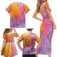 Hawaiian Turtles and Leis Family Matching Short Sleeve Bodycon Dress and Hawaiian Shirt Tribal Kakau Pattern Magical Rainbow Sky LT03 Mom's Dress Multicolor - Polynesian Pride