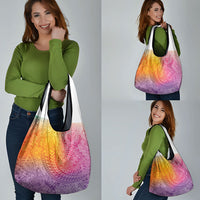 Hawaiian Turtles and Leis Grocery Bag Tribal Kakau Pattern Magical Rainbow Sky