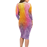 Hawaiian Turtles and Leis Long Sleeve Bodycon Dress Tribal Kakau Pattern Magical Rainbow Sky