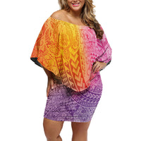 Hawaiian Turtles and Leis Off Shoulder Short Dress Tribal Kakau Pattern Magical Rainbow Sky