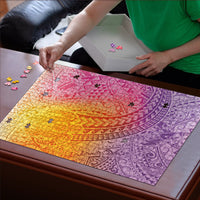 Hawaiian Turtles and Leis Puzzle Tribal Kakau Pattern Magical Rainbow Sky
