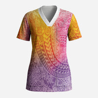Hawaiian Turtles and Leis Scrub Top Tribal Kakau Pattern Magical Rainbow Sky