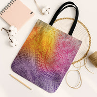 Hawaiian Turtles and Leis Tote Bag Tribal Kakau Pattern Magical Rainbow Sky