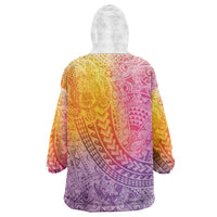 Hawaiian Turtles and Leis Wearable Blanket Hoodie Tribal Kakau Pattern Magical Rainbow Sky