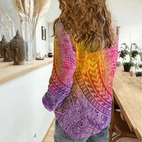 Hawaiian Turtles and Leis Women Casual Shirt Tribal Kakau Pattern Magical Rainbow Sky