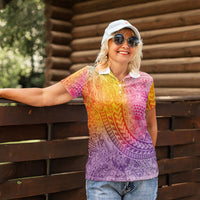 Hawaiian Turtles and Leis Women Polo Shirt Tribal Kakau Pattern Magical Rainbow Sky