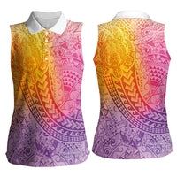 Hawaiian Turtles and Leis Women Sleeveless Polo Shirt Tribal Kakau Pattern Magical Rainbow Sky