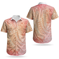 Hawaiian Turtles and Leis Couples Matching Long Sleeve Bodycon Dress and Hawaiian Shirt Tribal Kakau Pattern Peach Fuzz Color LT03 - Polynesian Pride