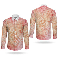 Hawaiian Turtles and Leis Couples Matching Mermaid Dress and Long Sleeve Button Shirt Tribal Kakau Pattern Peach Fuzz Color LT03 - Polynesian Pride