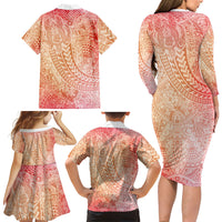 Hawaiian Turtles and Leis Family Matching Long Sleeve Bodycon Dress and Hawaiian Shirt Tribal Kakau Pattern Peach Fuzz Color LT03 Mom's Dress Peach Fuzz - Polynesian Pride