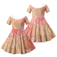 Hawaiian Turtles and Leis Family Matching Off The Shoulder Long Sleeve Dress and Hawaiian Shirt Tribal Kakau Pattern Peach Fuzz Color LT03 Daughter's Dress Peach Fuzz - Polynesian Pride