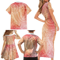 Hawaiian Turtles and Leis Family Matching Short Sleeve Bodycon Dress and Hawaiian Shirt Tribal Kakau Pattern Peach Fuzz Color LT03 Mom's Dress Peach Fuzz - Polynesian Pride