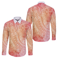 Hawaiian Turtles and Leis Family Matching Summer Maxi Dress and Hawaiian Shirt Tribal Kakau Pattern Peach Fuzz Color LT03 Dad's Shirt - Long Sleeve Peach Fuzz - Polynesian Pride
