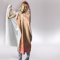 Hawaiian Turtles and Leis Hooded Blanket Tribal Kakau Pattern Peach Fuzz Color